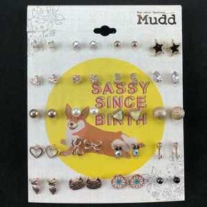 Mudd Earrings 20 Pairs Copper & Gold-tone Studs on Card Cat Owl Star Bow Heart